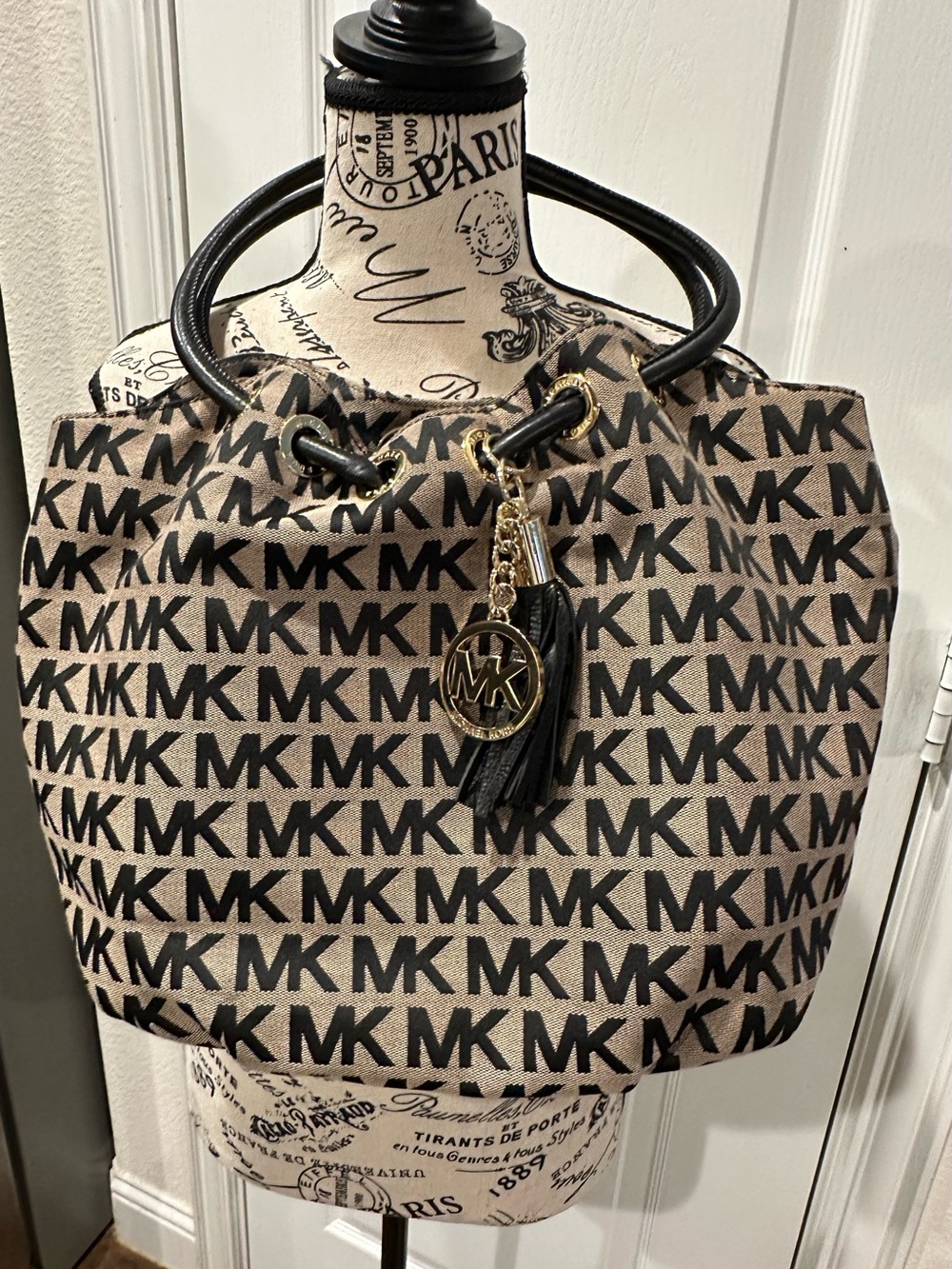 Michael Kors Brown and Black MK Logo Drawstring Shoulder Bag